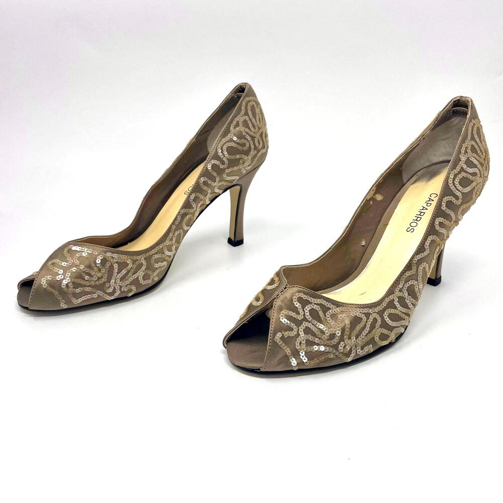 00s CAPARROS Vintage Tan Brown Leather Sequin Peep Toe Heels